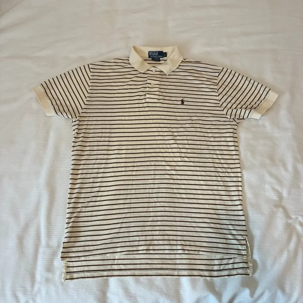Vintage Polo Ralph Lauren Striped Polo Shirt Mens Large White Brown Stripes